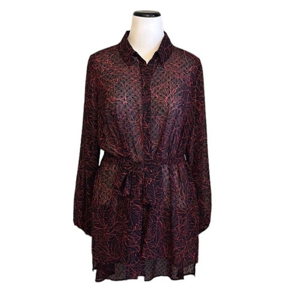 NWT Lane Bryant Sheer Swiss Dot Leaves Print Long Tunic Long Sleeve Tie Belt 18